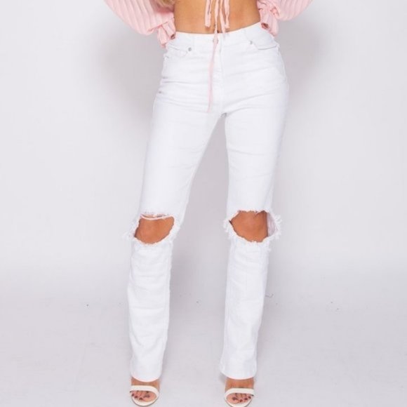 White High Waist Ripped Distressed Straight Leg Jeans Denim Pants - Picture 1 of 8